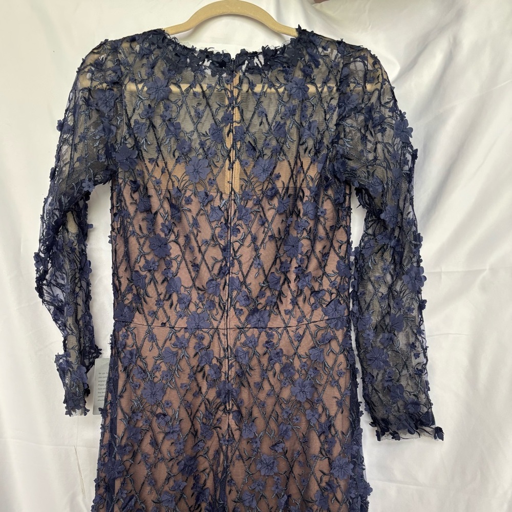 Tadashi Shoji Navy Blue Floral Appliqué Long Sleeve Dress